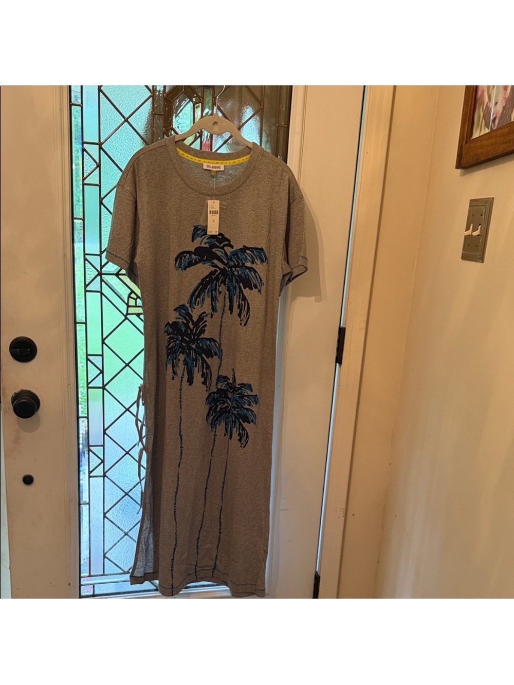 Anthropology Grey Palm-Print Beaded Midi Dress with Navy Motif